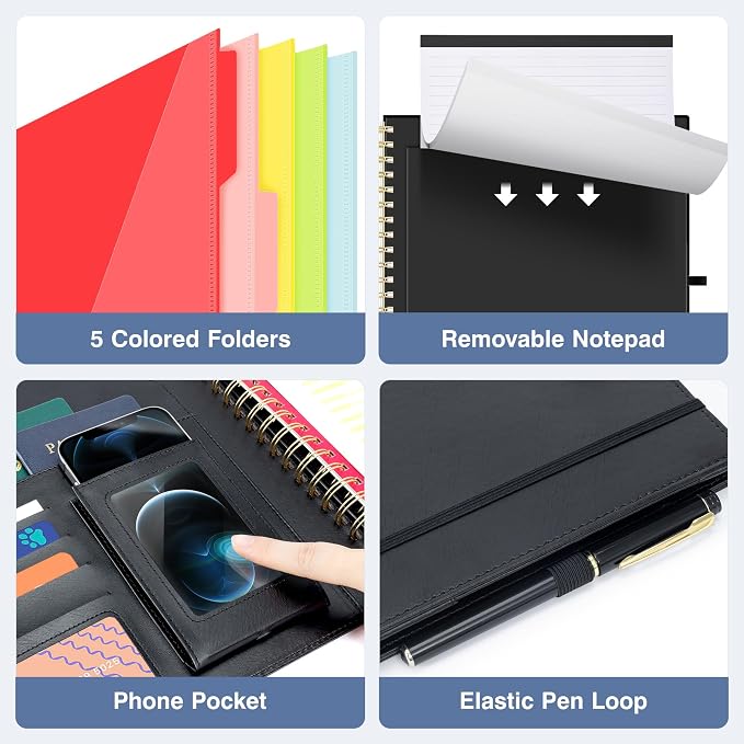 Ospelelf Clipboard with Storage Spiral Clipboard Folio for Letter Size,Organizer Folder with Zipper Pouch and 5 Dividers,Leather Portfolio for Office, School Black