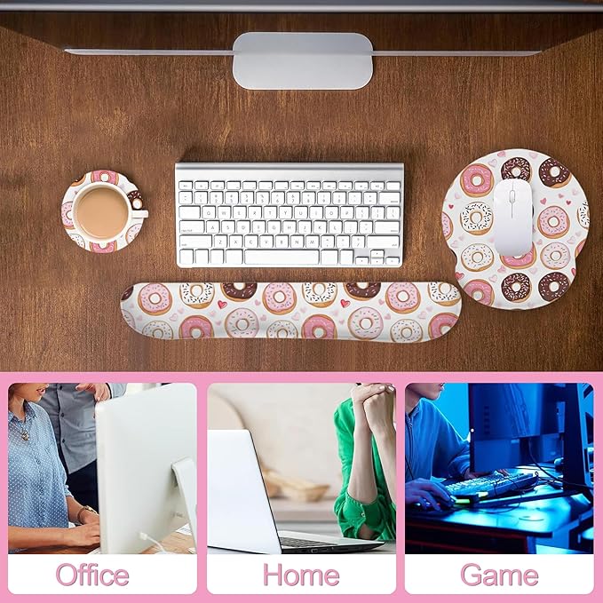 Cute Pink Donut Ergonomic Wrist Support Keyboard Mouse Wrist Rest Set, Computer Office Comfortable Wrist Rest for Mouse Easy Typing