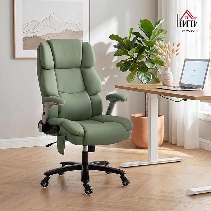 HOMCOM 400 Lbs Heavy Duty Office Chair with Adjustable Lumbar Support Green | Inflatable Adjustable Lumbar Support, 400 Lbs Heavy Duty High Back Desk Chair, Pet-Friendly Fabric, 4-Level Gas Lift