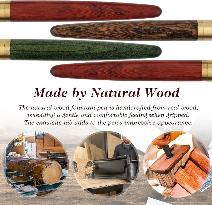 cobee Handcrafted Wooden Fountain Pens Set, Vintage Luxury Wood Fountain Pen 0.5mm Fine Point Smooth Writing Pen With 12 Ink 2.6 mm Cartridges and Gift Box for Journaling Calligraphy Supplies(B)