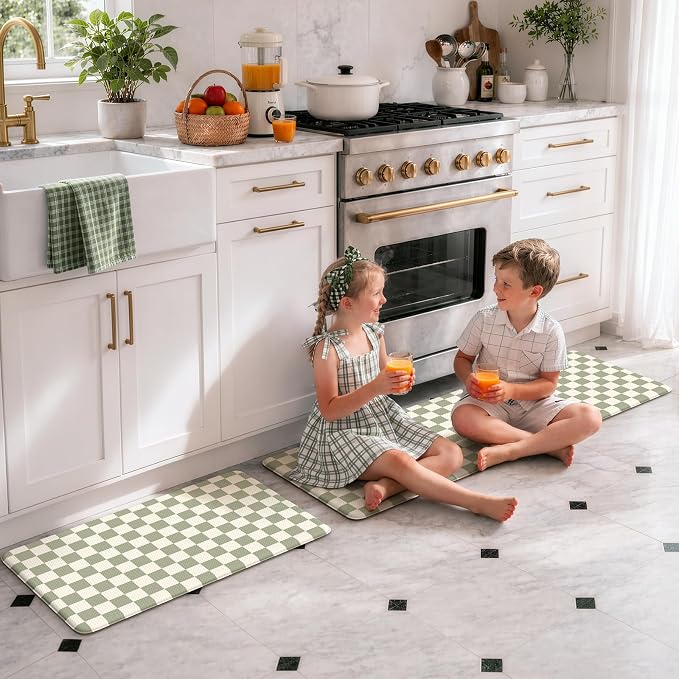 KIMODE Anti Fatigue Kitchen Mats for Floor,Farmhouse Kitchen Rugs Sets of 2 | Cushioned Kitchen Floor Mats, Light Green Standing Desk Mat, Checkered Laundry Room Rugs for Bath Sink Home Summer Decor RV