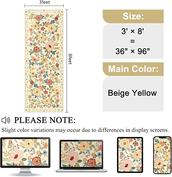 DUKINO 3x8 Washable Runner Rug, Non Slip Soft Floral Hallway Runner Rug with Non Shedding Design, Low Pile Loog Carpet for Kitchen, Hallway, Bathroom, Entryway, Laundry, Beige Yellow
