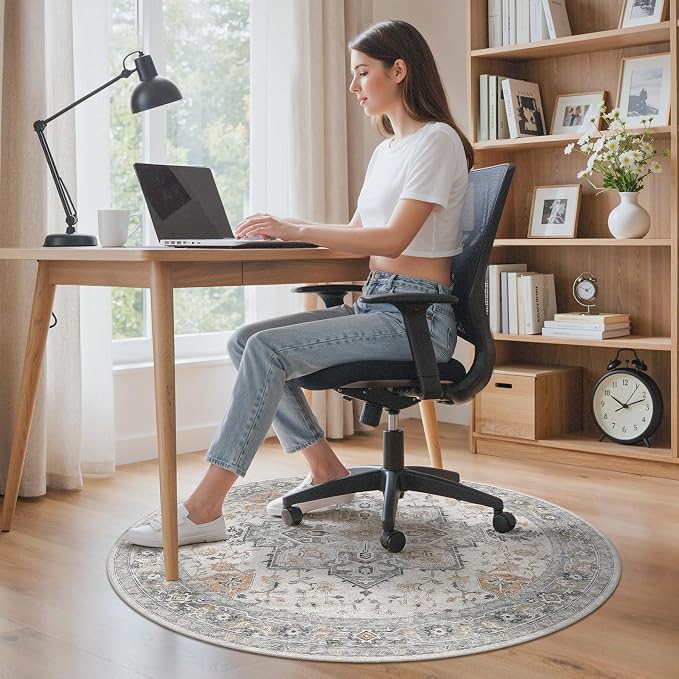 Office Chair Mat for Hardwood Tile Floor, Under Desk Carpet Protector for Rolling Computer Chair Mat, Round Washable Rugs 4ft Circle Area Rug, Anti-Slip 1/5" Thick Low Pile Thin Floor Mat, Taupe