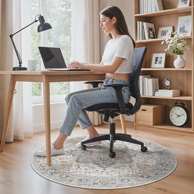 Office Chair Mat for Hardwood Tile Floor, Under Desk Carpet Protector for Rolling Computer Chair Mat, Round Washable Rugs 3ft Circle Area Rug, Anti-Slip 1/5" Thick Low Pile Thin Floor Mat, Taupe