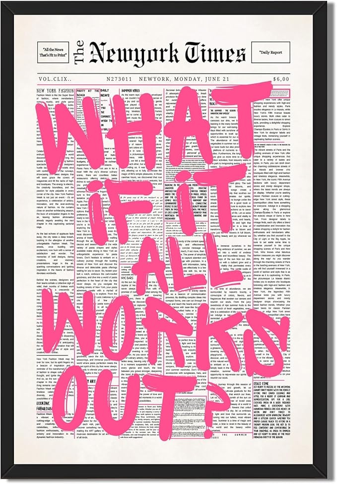 Vintage What If It All Works Out Canvas Wall Art Retro Newspaper Pink Font Poster Positive Affirming Quote Minimalist Prints Painting for Bedroom Study Dorm Wall Decor 24x36inch Black Frame