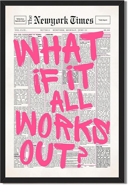 Vintage What If It All Works Out Canvas Wall Art Retro Newspaper Pink Font Poster Positive Affirming Quote Minimalist Prints Painting for Bedroom Study Dorm Wall Decor 8x10inch Black Frame
