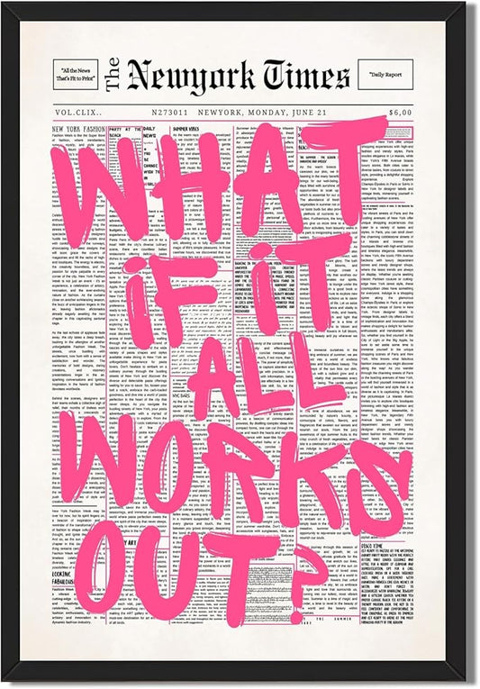 Vintage What If It All Works Out Canvas Wall Art Retro Newspaper Pink Font Poster Positive Affirming Quote Minimalist Prints Painting for Bedroom Study Dorm Wall Decor 12x16inch Black Frame