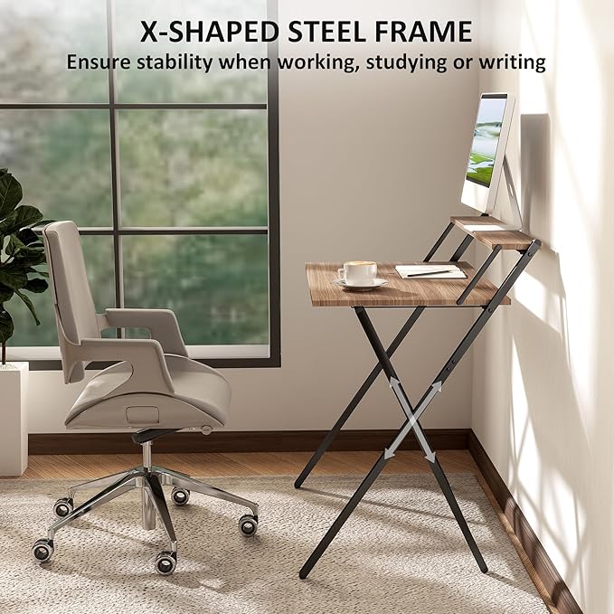 HOMCOM Small Folding Desk, 32 Inch Foldable Computer Desk with Monitor Shelf, Space Saving Portable Writing Table for Small Spaces, Home Office, Study, Easy Assembly, Walnut