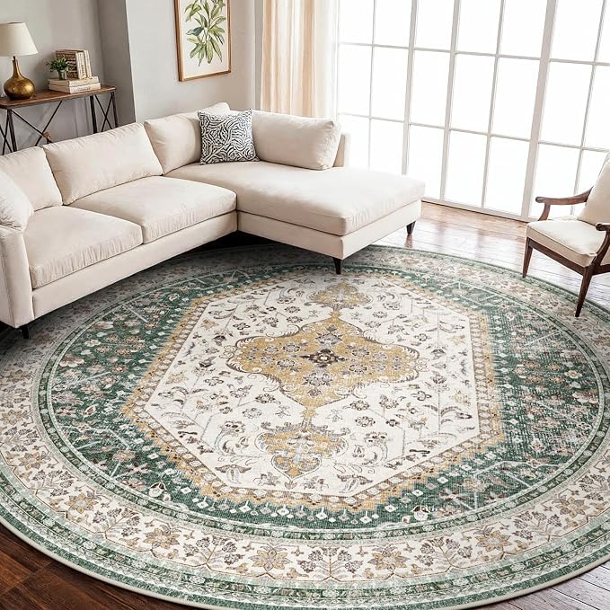 Puino 9FT Round Area Rugs for Living Room: Circle Rugs Machine Washable Oriental Low Pile Soft Non Slip Backing Vintage Indoor Rug for Bedroom Nursery Dining Room Home Office Green/Beige