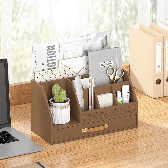 Wisuce Bamboo Mail Organizer Countertop with Drawers, Wooden Desk Organizer File Bill Sorter Storage Box for Desktop Letter Envelope Countertop Holder for Office Home School Organization