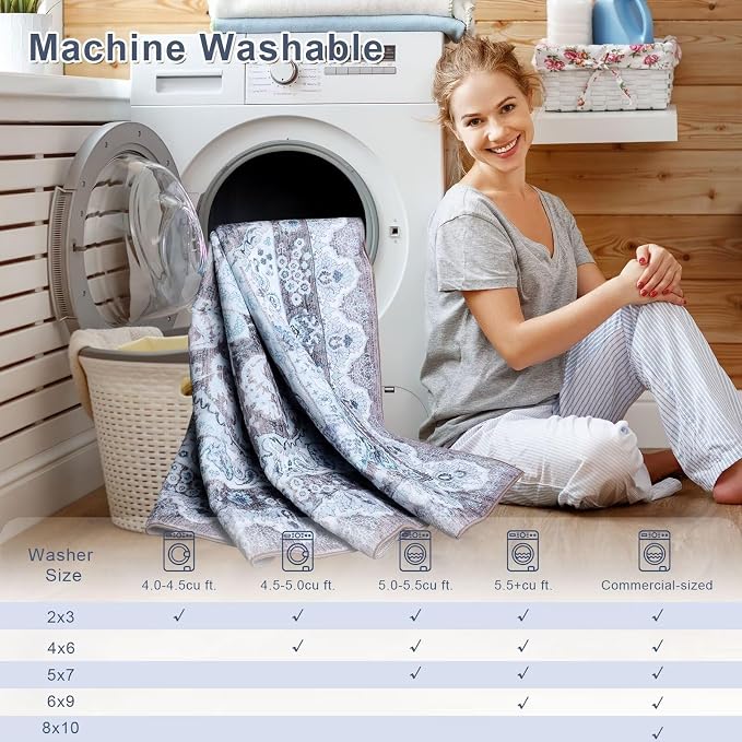 Macgace 5x7 Area Rug for Bedroom, Machine Washable Rugs with Non-Slip Backing for Living Room, Soft Vintage Carpet Kitchen Laundry Kids Room Decor, Blue & Brown
