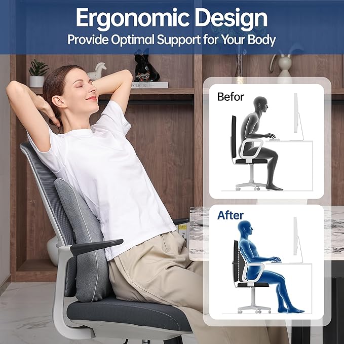Plush Comfortable Memory Foam Lumbar Support Pillow - Soft Back Cushion for Office Chair, Car Seat, Gaming Chair - Ergonomic Lower Back Pain Relief with Adjustable Straps & Washable Cover-Grey