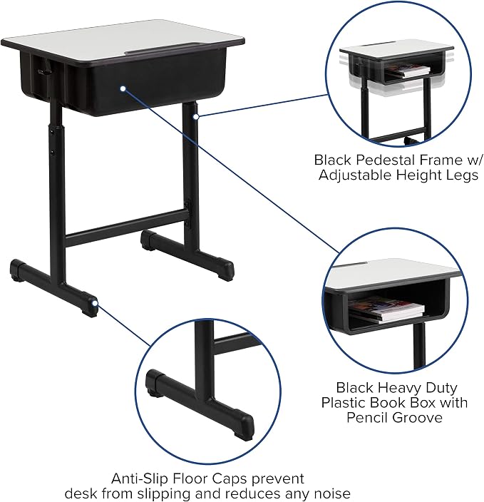 Flash Furniture Billie Student Desks with Grey Tops and Adjustable Height Black Pedestal Frames, Set of 10