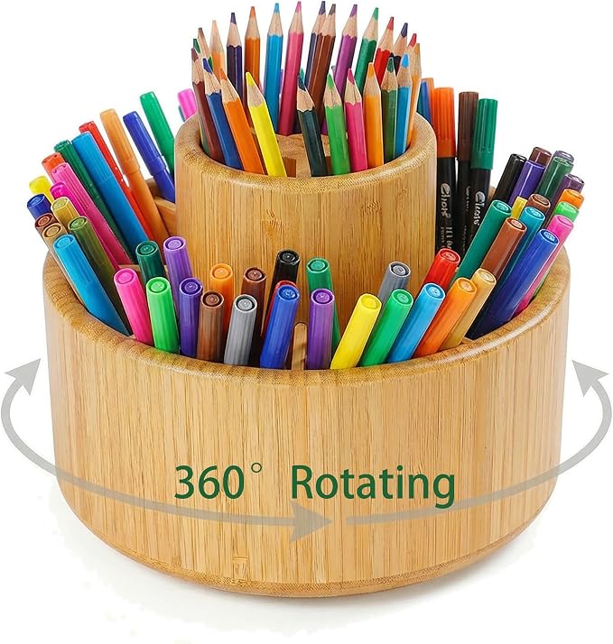 360° Rotating Pen Holder for Desk Organizer, Bamboo Lazy Susan Marker Storage, Wooden Spinning Caddy for Colored Pencil, Art Paint Brush, Makeup Brushes, Office & Craft Supply