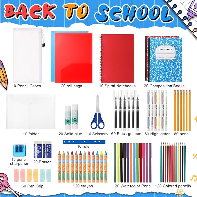 Gilprop 10 Set 2026 School Supplies Kit, 47 Pcs Per Set Back to School Supplies Primary Middle College Bundle Essential Stuff Bulk Pen Notebook Stationery for Kid Student Girl Teen Classroom Boy