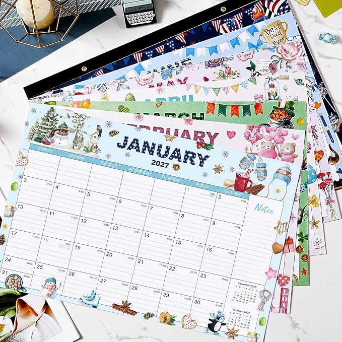 2026-2027 Desk Calendar - Jul. 2026 - Dec. 2027, 12" x 17", 18 Months Calendar Pad with Corner Protectors, Cutting Line, Hanging Hole, Large Office Desktop Calendar - 18 Different Themes