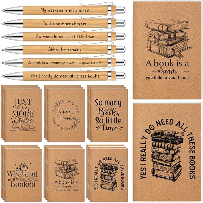 Supervitae 48 Set Book Lover Gift Book Club Reading Journal Inspirational Bookish Notebook with Motivational Bamboo Pens Librarian Appreciation Gift for Women Bookworm Teacher Student Office Writers