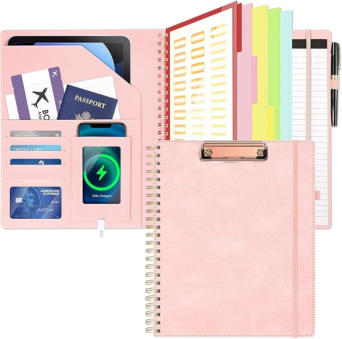 Clipboard with Storage for Men Women, Leather Padfolio Portfolio Organizer 5 Folders with 10 Pockets, Spiral Clipboard Folio with Notepad for Letter Size, Elastic Closure and Pen Loop Pink