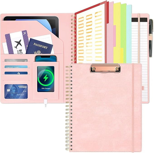 Clipboard with Storage for Men Women, Leather Padfolio Portfolio Organizer 5 Folders with 10 Pockets, Spiral Clipboard Folio with Notepad for Letter Size, Elastic Closure and Pen Loop Pink