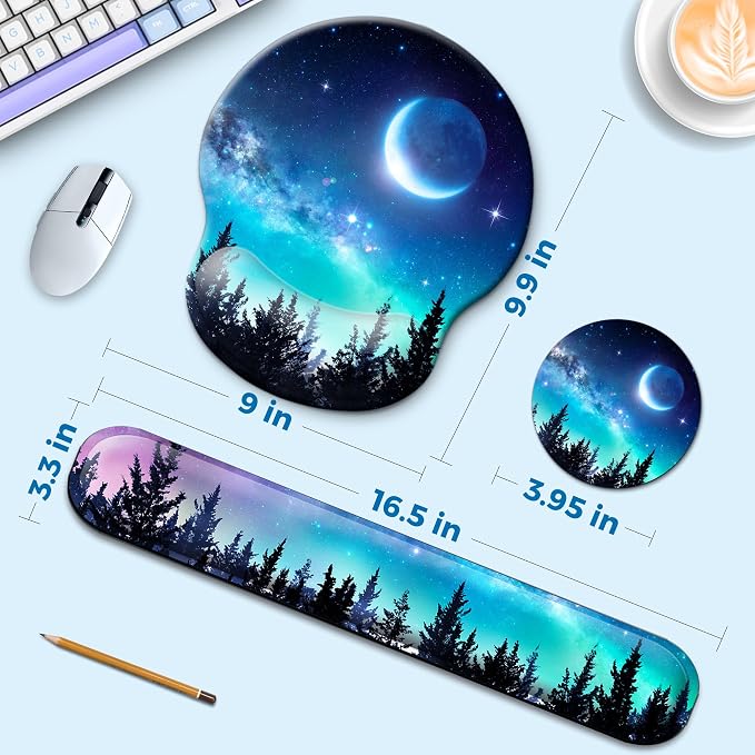 Mouse Pad and Keyboard Wrist Rest Support, with Non-Slip PU Base,Gel Mouse Pad with Coaster,Pain Relief for Gaming, Computer,Office -Forest Moon