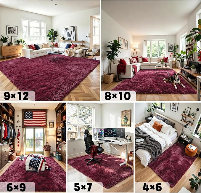 Rugs for Bedroom 4x6, Alfombras para Salas Shag Plush Soft Area Rug, Shaggy Carpets for Livingroom,Home Decor Aesthetic(Burgundy, 4 x 6)