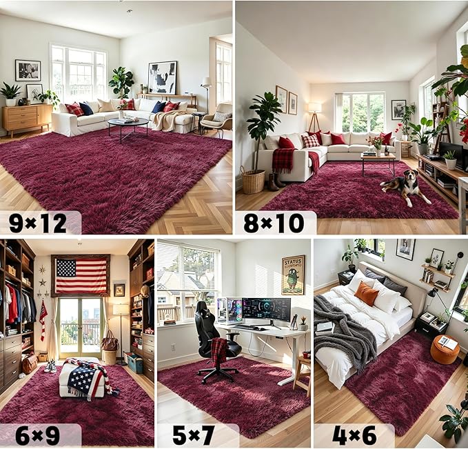 Rugs for Living Room 5x8, Alfombras para Salas Shag Large Plush Soft Area Rug, Shaggy Carpets for Bedroom,Boys Girls Home Decor Aesthetic(Burgundy, 5 x 8)