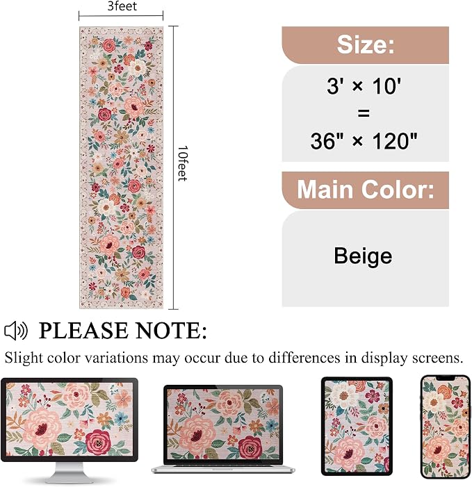 DUKINO 3x10 Runner Rug for Hallway, Washable Kitchen Floral Runner Rug with Non Slip Backing, Low Pile Soft Boho Carpet for Kitchen, Hallway, Entryway, Laundry, Bedroom, Beige