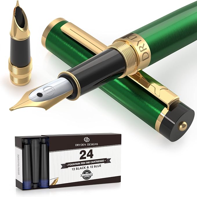 Dryden Designs Fountain Pen - Medium and Fine Nibs | Includes 24 Ink Cartridges and Ink Refill Converter | Calligraphy Pen, Consistent Writing, Smooth Flow - Emerald Green.