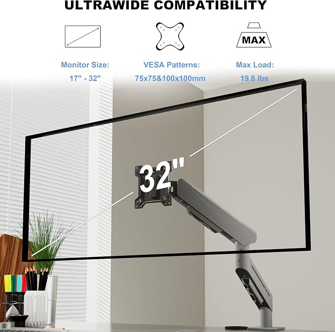 THEARK Single Monitor Desk Mount 17"-32" Screens - Adjustable Mechanical Monitor Arm Computer Monitor Stand up to 19.8 lbs,VESA Arm Desk Mount with C-Clamp and Grommet Base,VESA 75x75/100x100mm,Silver