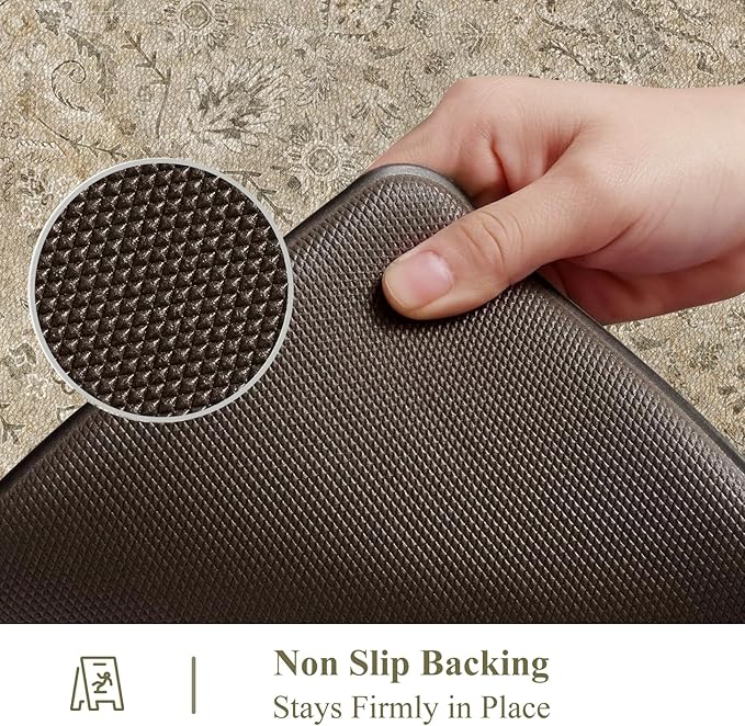 Collive Kitchen Mats for Floor 2PCS, Cushioned Anti Fatigue Rugs Non Slip Waterproof Kitchens Sink Rug, Vintage Floral Comfort Standing Mat for Laundry, Desk, Bar, Office, 17.3''x28''+17.3''x47''