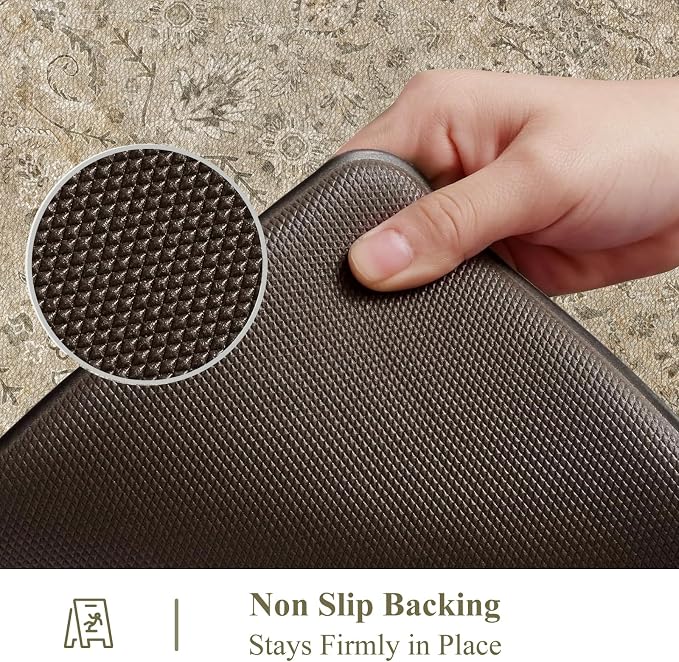 Anti Fatigue Kitchen Mats for Floor, Waterproof Kitchens Sink Rugs Cushioned Comfort Standing Desk Mat, Khaki Vintage Non Slip Floral Foam Rug for Laundry, House, Office, 17.3''x28''