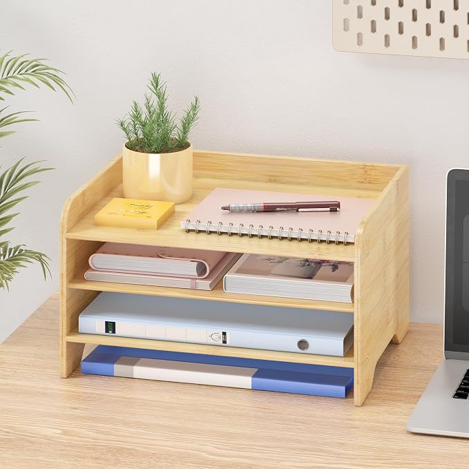 Bamboo File Organizer for Desk, Desktop Paper Tray and Mail Holder | Three open tiers keep A4/letter paper, folders, bills and mail sorted, visible and easy to reach while saving desk space