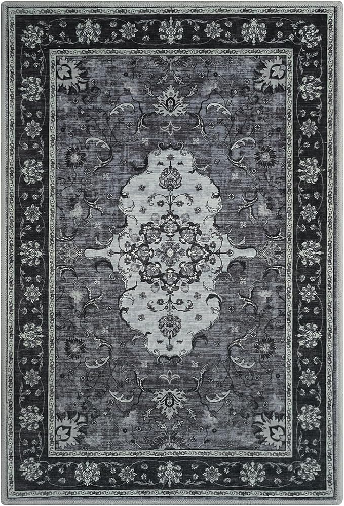 2x3 Front Door Rug,Vintage Washable Area Rugs for Entryway, Non Slip Small Indoor Floor Carpet, Print Black/Grey Door Mat, Soft Low Pile Carpets for Entrance Kitchen Bedroom Bathroom