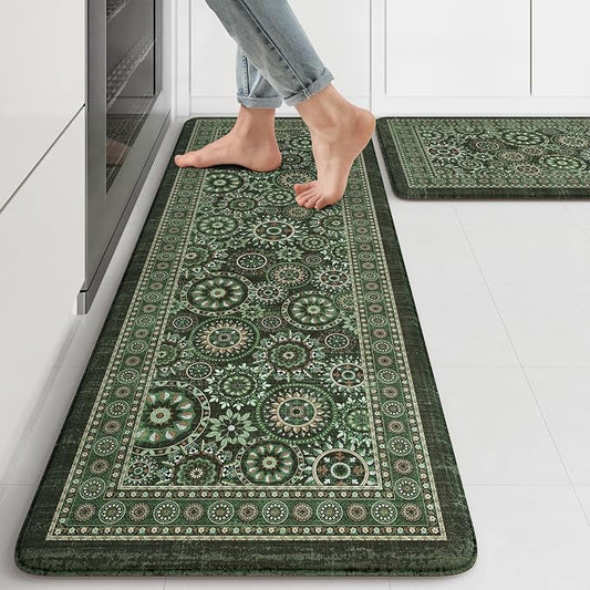 KIMODE Anti Fatigue Kitchen Mats for Floor 2 Piece Cushioned Boho Kitchen Rugs Memory Foam Kitchen Floor Mats Standing Desk Mats for Laundry Office Sink Green 17"x47"+17"x29"
