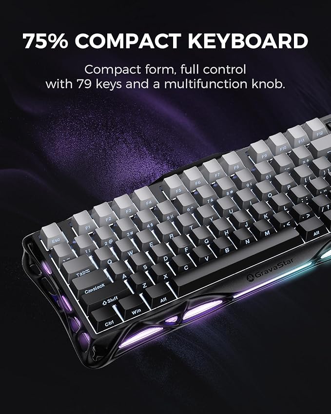 GravaStar Mercury K1 75% Wireless Mechanical Gaming Keyboard, Aluminum Alloy, Gasket Compact Custom Keyboard Hot-Swap Socket, Linear Switches, RGB Backlit【Gradient Black】