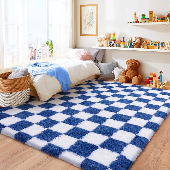 Area Rugs for Living Room Bedroom 9x12, Ultra Fluffy Shag Checkered Rug Modern Washable Carpet Soft Shaggy Non Slip Indoor Plush Fuzzy Rugs for Bedroom Dorm Office Home Aesthetic Decor, Navy and White
