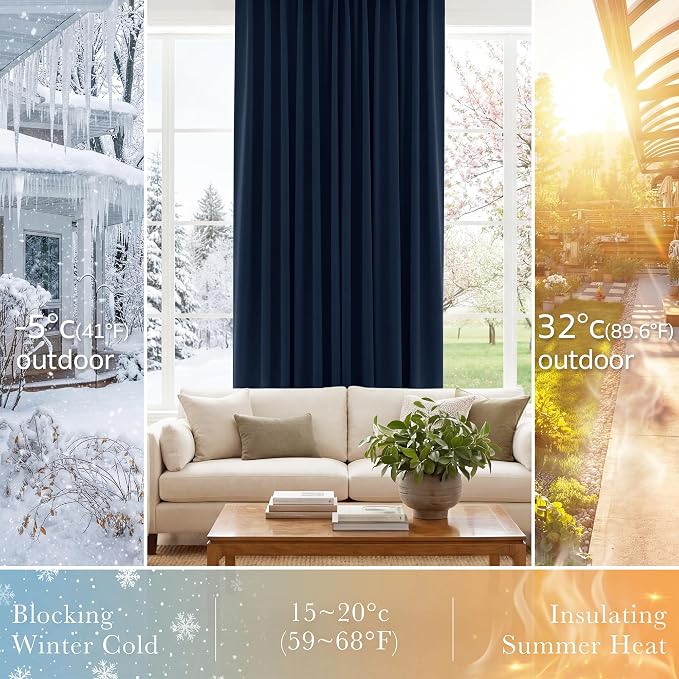 PONY DANCE Extra Long Blackout Curtains 108 inches Long for Bedroom, 9 FT Rod Pocket Back Tab Room Darkening Noise Reducing Drapes for Living Room Windows, W 52 x L 108 inch, Navy Blue, 2 Panels