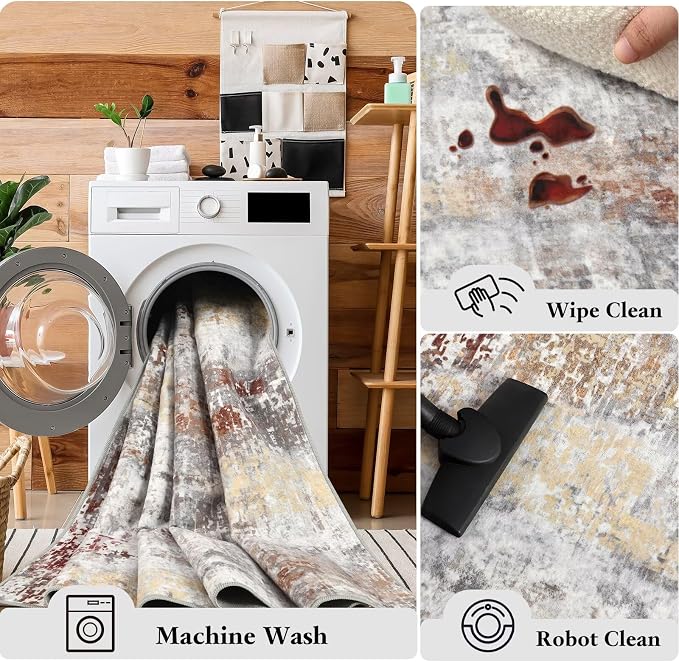 Macgace Washable Abstract Rug, 8x10 Modern Area Rugs with Non-Slip Rubber Backed for Living Room, Thin but Soft Contemporary Carpet Kitchen Bedroom Dining Room Decor, Rusty Brown