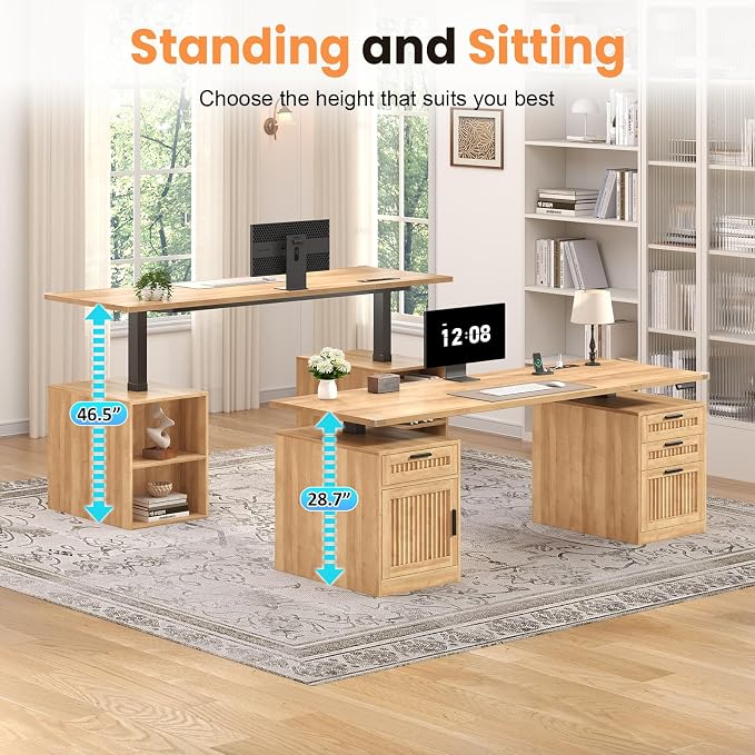 60" Fluted Electric Standing Desk with Drawers for Home Office, Oak | Height Adjustable Computer Desk with 4 Drawers & Storage Shelves, Wood Sit Stand Desk with Power Outlets for Work, Study
