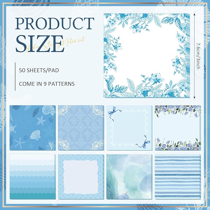 9 Pcs Aesthetic Sticky Notes Cute Pastel Self Stick Notepads Easy to Post Desk Supplies for Home Office Decor School Accessories Women Birthday Coworker Gifts(Blue)