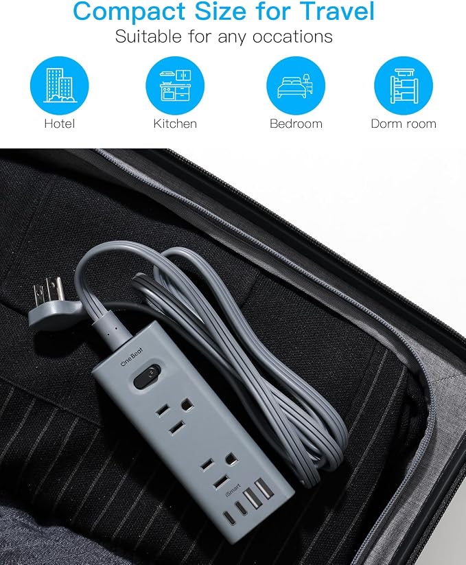 5Ft Extension Cord with Multiple Outlets, Flat Plug Power Strip Surge Protector with 5 Ft Long Cord, 6 Outlet 4 USB Ports (2 USB C), Multi Outlet Wall Plug for College, Dorm Room Essentials(Grey)