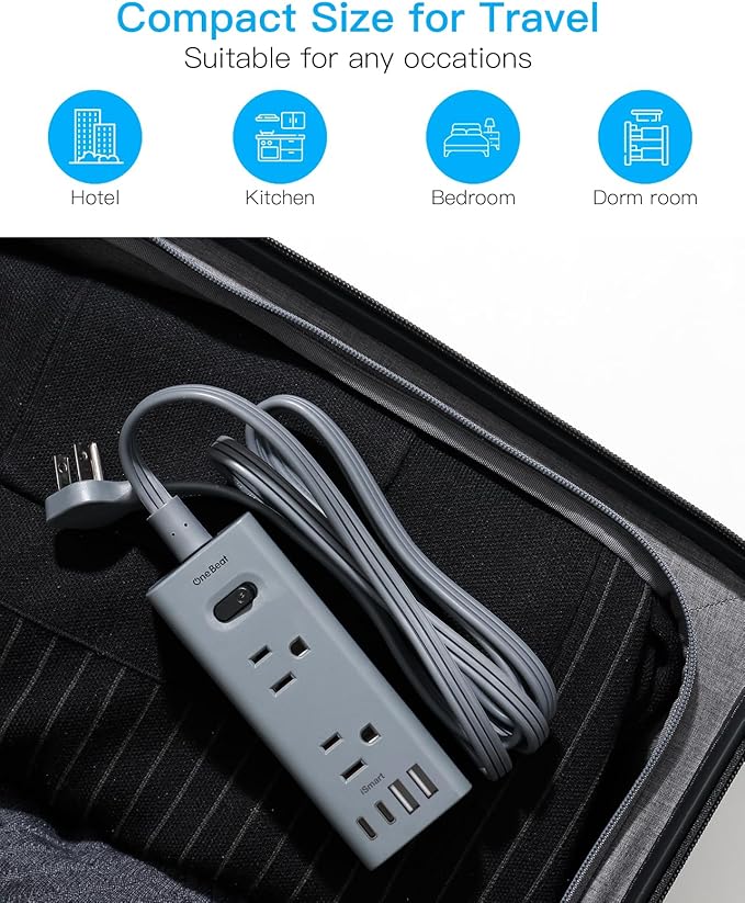 3Ft Extension Cord with Multiple Outlets, Flat Plug Power Strip Surge Protector with 3 Ft Cord, 6 Outlet 4 USB Ports (2 USB C), Multi Outlet Wall Plug for Travel, College, Dorm Room Essentials(Grey)