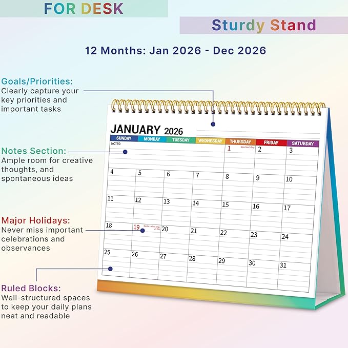 Desk Calendar 2026, Desktop Calendar 2026 Standing flip, 8.5’’ x 11’’, Jan 2026 - Dec 2026, Stand Up Calendar with Memo Pages, Large Ruled Blocks, Holidays, Thick Paper, Great for Home, School, Office