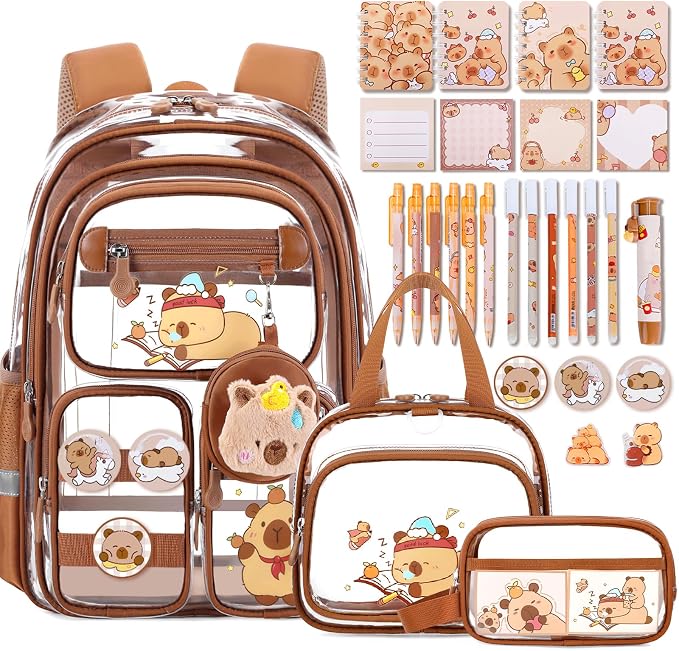Capybara Theme Clear Backpack, 28Pcs School Supplies Stationery Transparent Backpack Set with Lunch Box Pencil Case Pens Notebooks for Kids Girls Elementary Middle School Stadium Approved