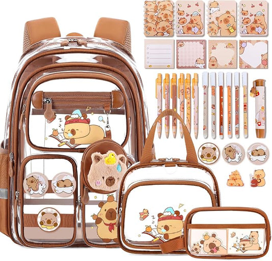 Capybara Theme Clear Backpack, 28Pcs School Supplies Stationery Transparent Backpack Set with Lunch Box Pencil Case Pens Notebooks for Kids Girls Elementary Middle School Stadium Approved