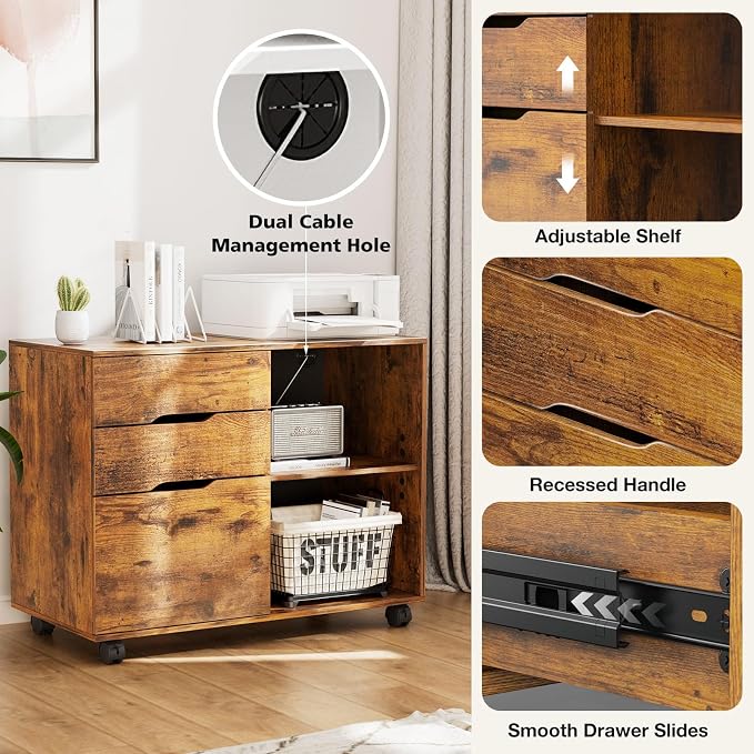 DUMOS Wood File Cabinet with 3 Drawers, Rolling Printer Stand | Under Desk Storage Organizer Home Office Space with Shelves for Files and Office Supplies, Rust