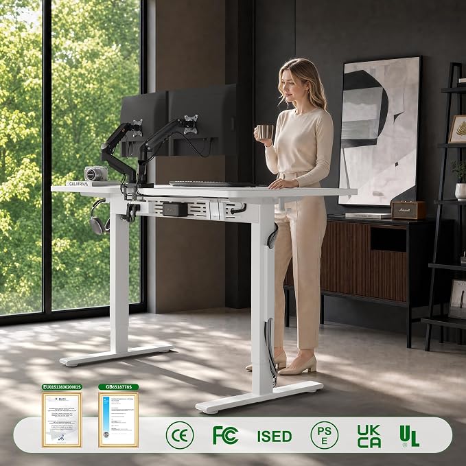 FEZIBO Electric Standing Desk with L-Shaped Crossbar & Cable Management System, 48 x 24 Inches Sit Stand up Desk, Adjustable Height Standing Desk for Home Office, White
