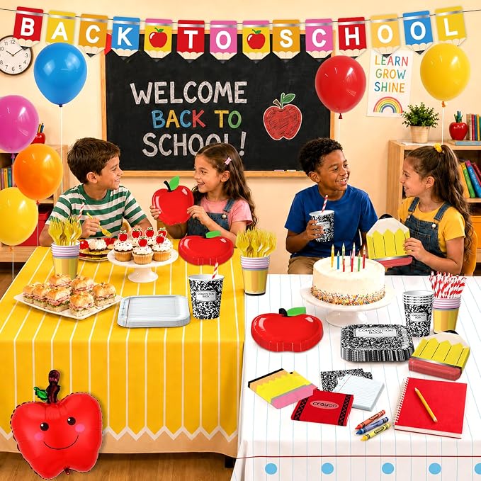159 Pcs Back to School Decorations, First Day of School Party Supplies Includes Banner Paper Plates Napkins Cups Tablecloths Balloons for Classroom Kindergarten Back to School Party Decor