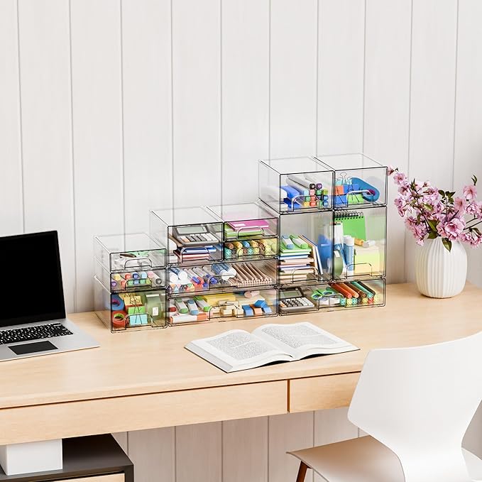 4 Pack Small Clear Stackable Storage Drawers,2.2'' Tall Desk Organization and Storage,Plastic Office Supply Organizer,Acrylic Storage Containers for Makeup,Hair Clip,Accessory,Pen,Art Crafts