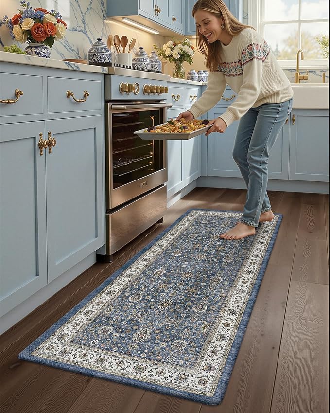 Color&Geometry Kitchen Floor Mat 24x59 Faded Vintage Anti Fatigue, Blue | 0.4in Cushion Standing Mat For Cooking/Working/Laundry, Boho Decor, Non Slip PVC Kitchen Rug, Oil/Water Proof, Anti Slip
